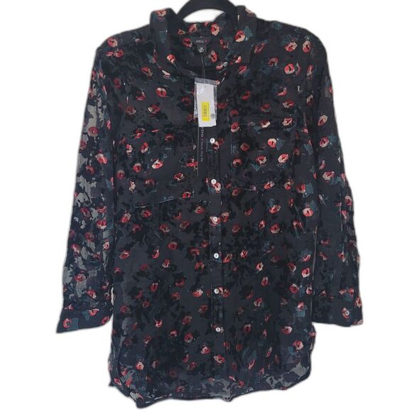 intro. Black floral Print Sheer Long Sleeve Button Down Front Shirt Blouse - Picture 1 of 4